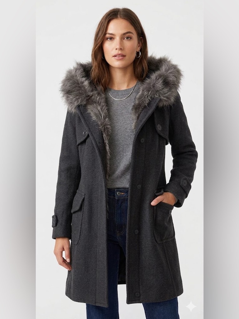 Korean Brand Tomboy Dark Gray Fur Lined Wool Alpaca Hooded Pea Coat Sz 85 (M)